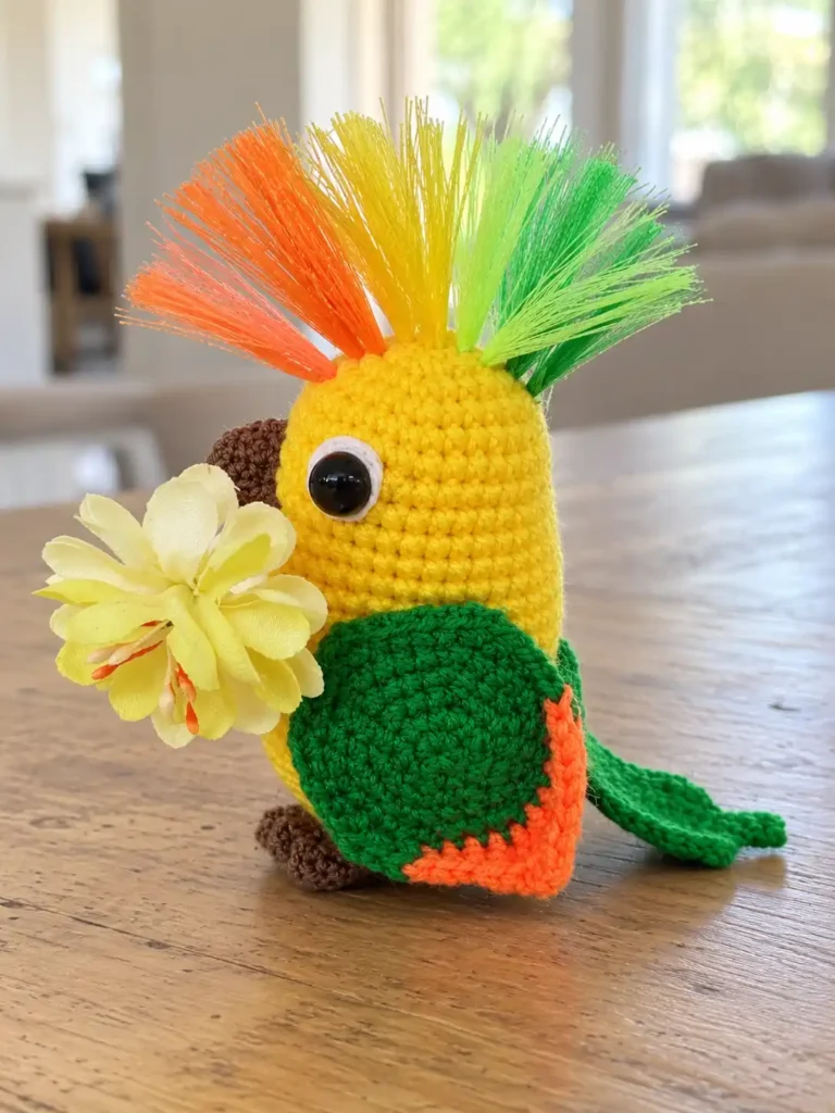 A yellow amigurumi parrot crochet toy holding a yellow fabric flower in its beak on a wooden table.