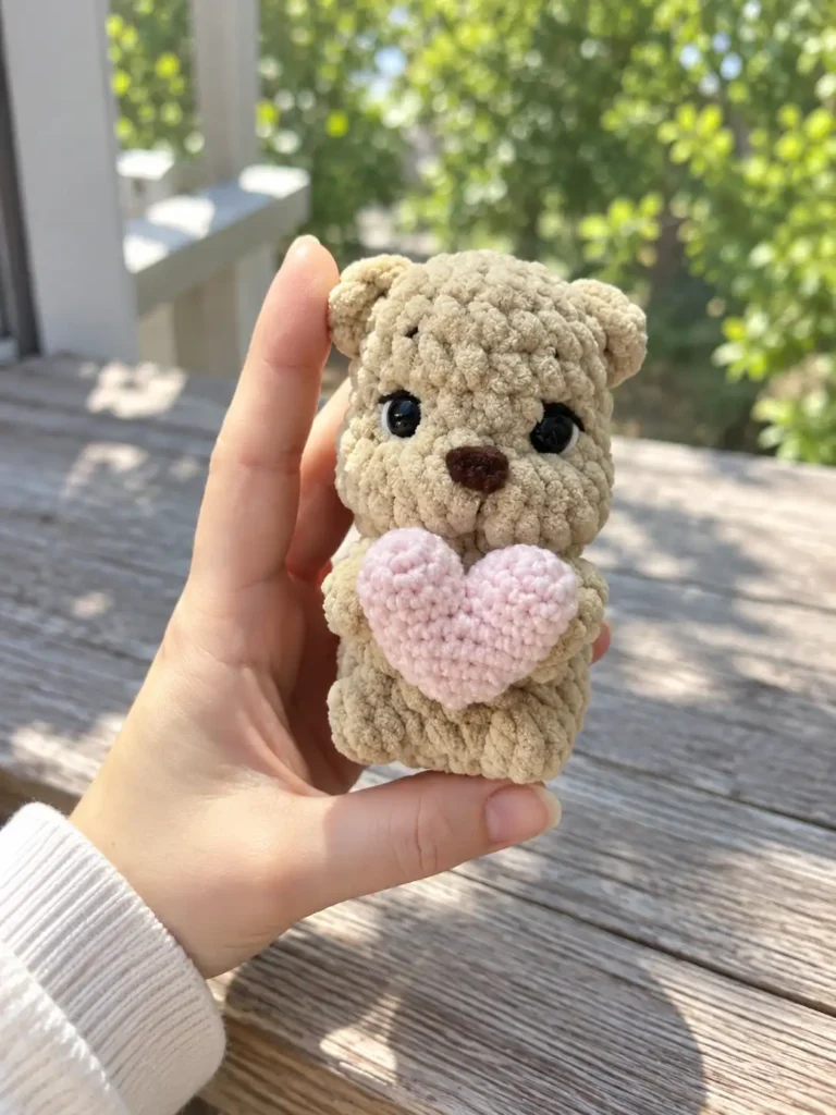 A hand holding a beige plush crochet bear holding a light pink heart on a wooden table.