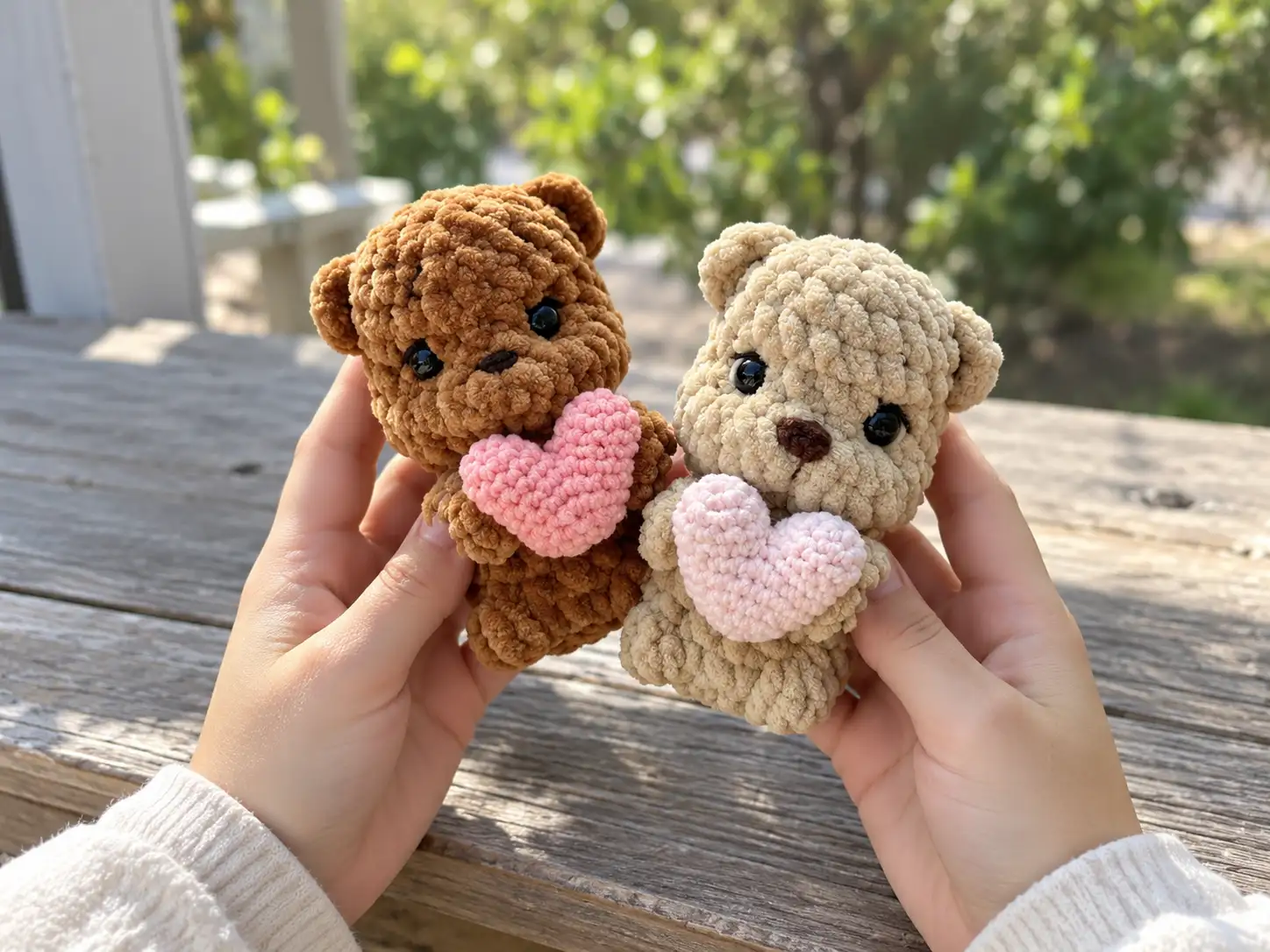 Two hands holding a brown and a beige plush crochet bear with a heart on a wooden table outdoors.