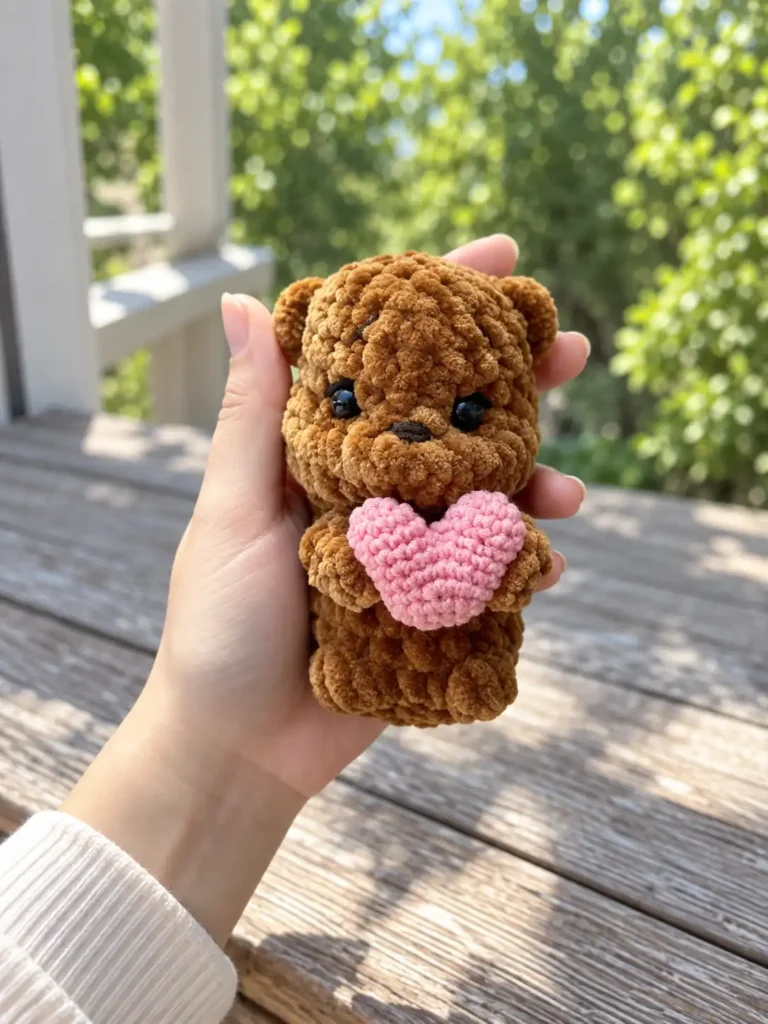 A hand holding a brown chenille yarn crochet bear with a pink heart against a blurred outdoor background.