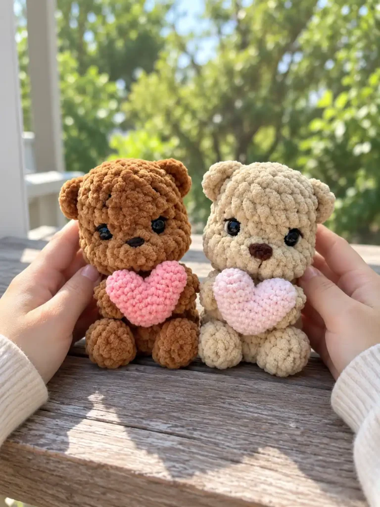 Two hands holding a brown and a beige plush crochet bear, each holding a pink heart on a rustic wooden table.
