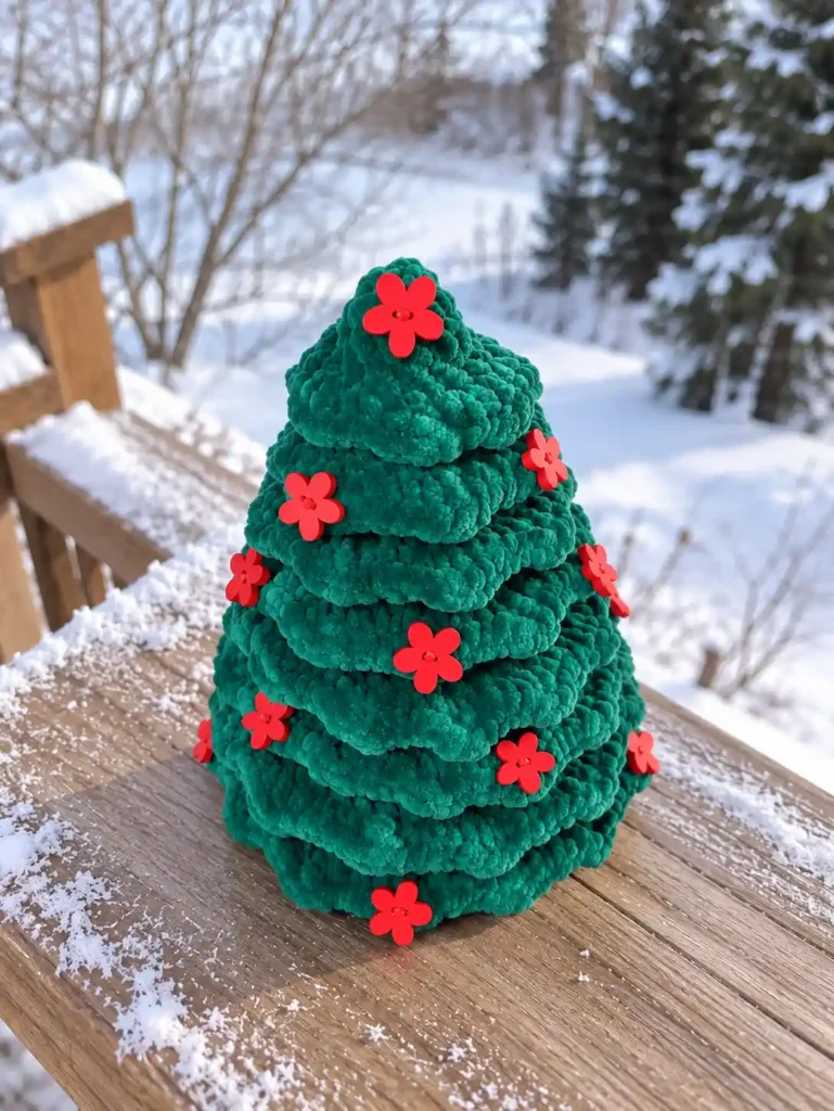Textured green yarn crochet christmas tree with red flower buttons resting on a snowy wooden deck