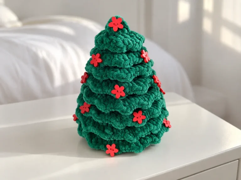 Dark green plush yarn crochet christmas tree decorated with red flower buttons on a white nightstand