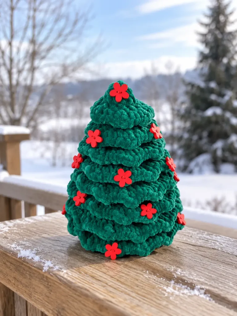 Plush dark green crochet christmas tree with red buttons set against a blurred winter tree background