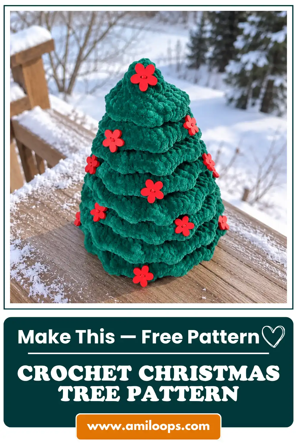 Plush green textured yarn crochet christmas tree with red buttons on a snowy wooden outdoor deck