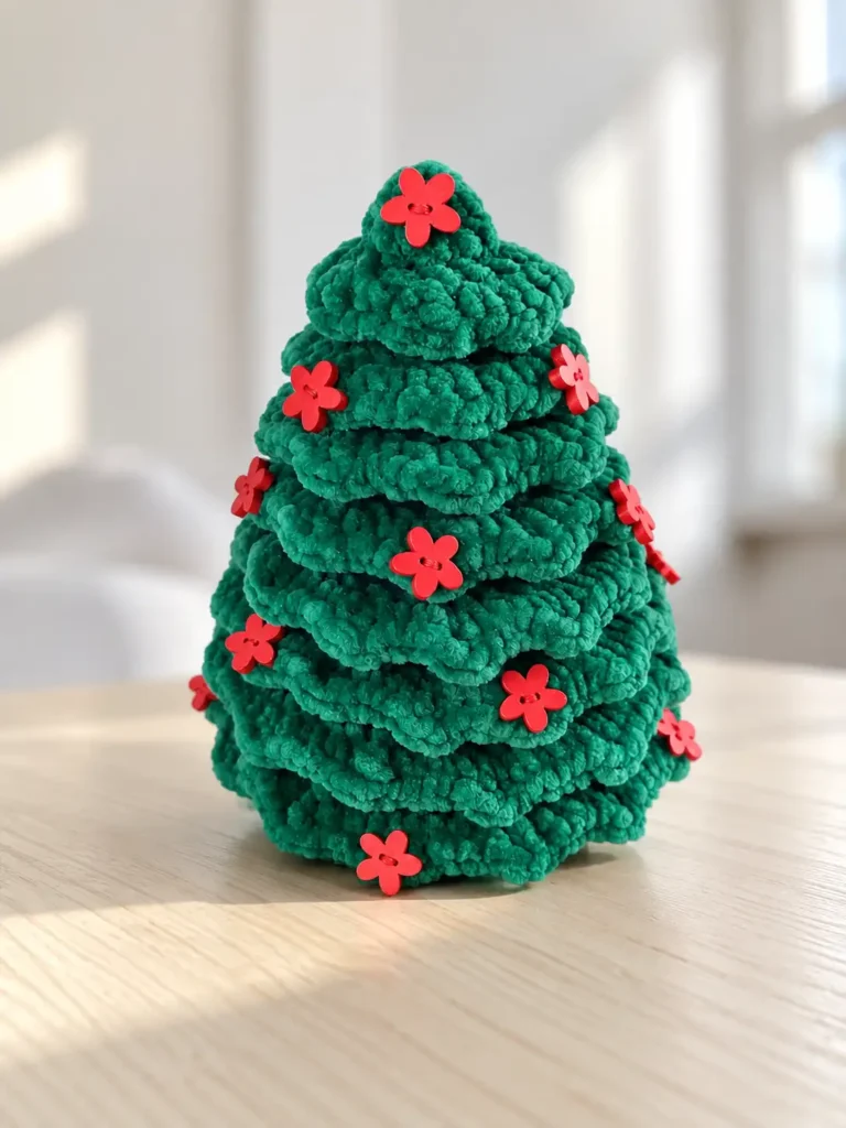 Bright green plush crochet christmas tree adorned with red flower buttons on a wooden table indoors
