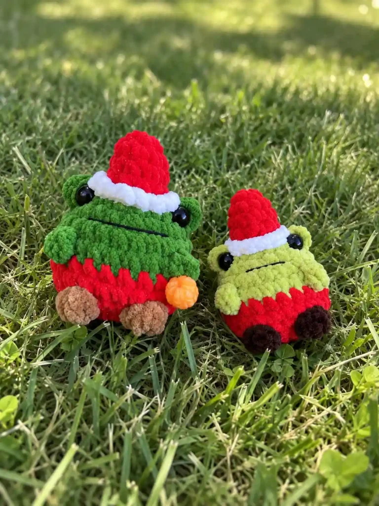 Bright green fuzzy crochet frog in a hat with a red cap and brown paws sitting next to a larger frog in the grass