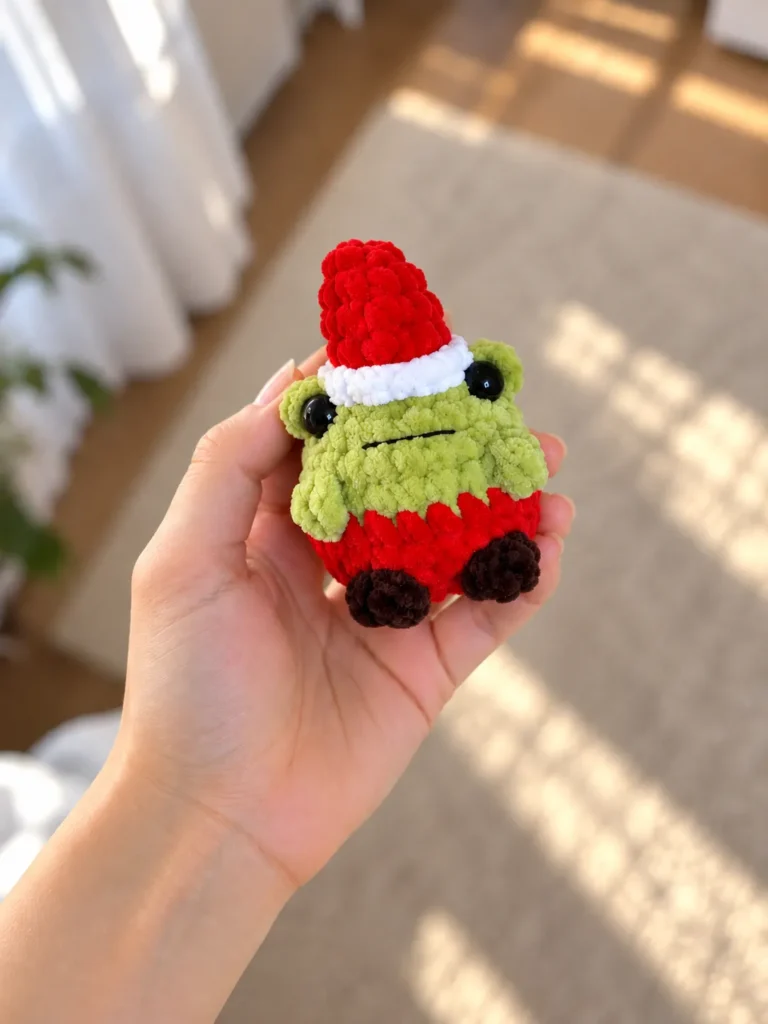 Light green fuzzy crochet frog in a hat with a red cap and brown paws held in a hand
