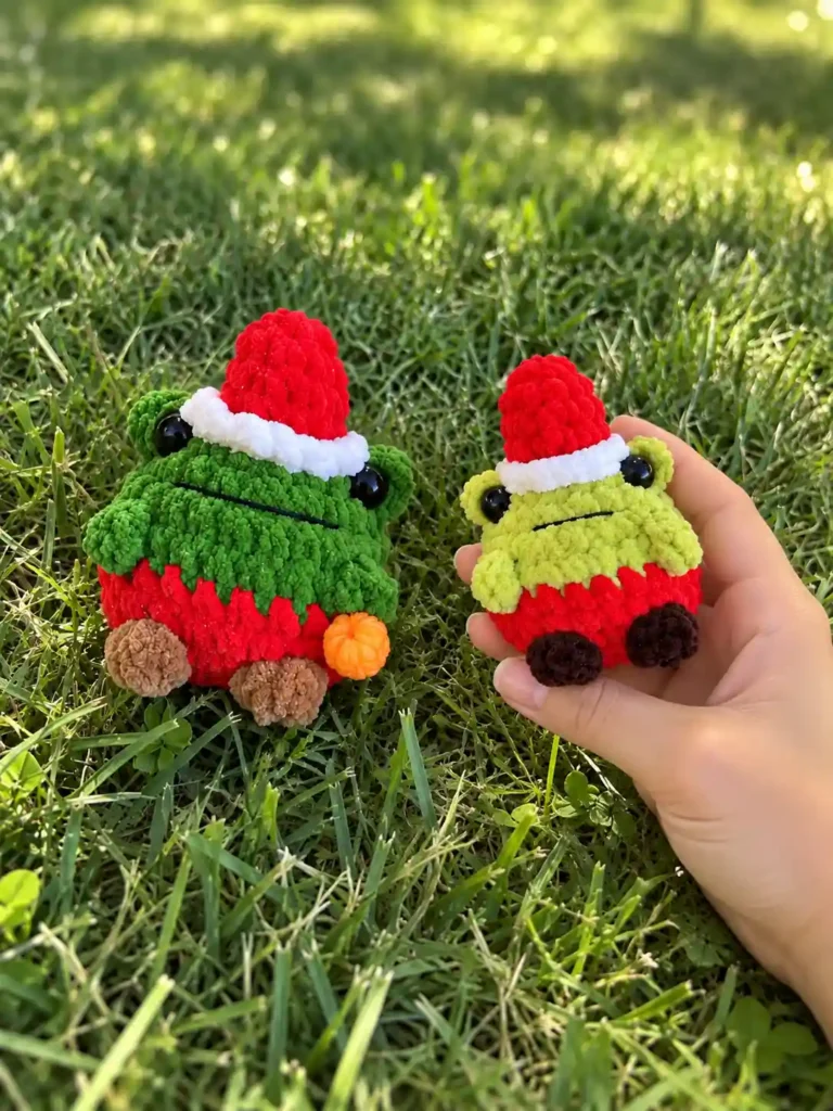 Two festive plush crochet frogs in a hat sitting together on lush green grass outdoors