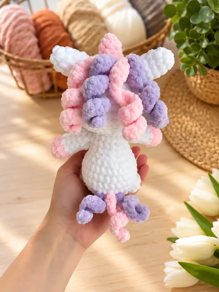 Back of white crochet unicorn showing fluffy pink and lilac curly mane and tail strips.