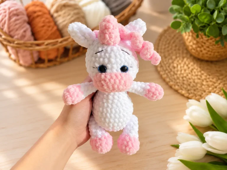 Hand holding white and pink plush crochet unicorn toy with curly mane, next to white tulips and yarn.