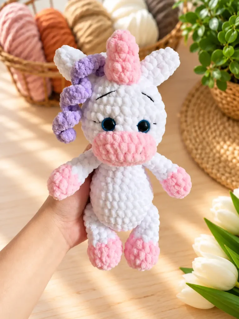 Close-up of the crochet unicorn head with safety eyes, sculpted details, and a pink and lilac curly mane.