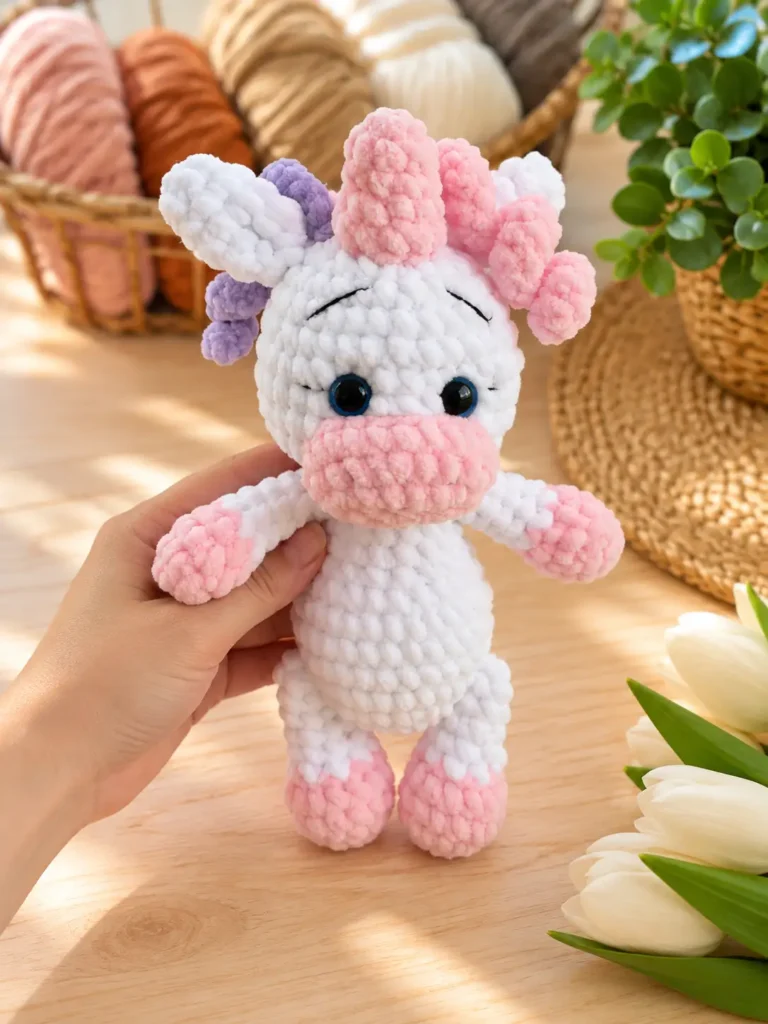 Hand holding white plush crochet unicorn with pink muzzle, horn, and hooves, showing embroidered eyes and brows.