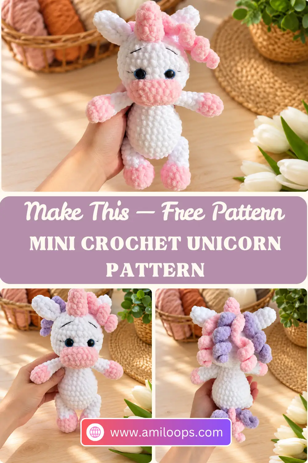 Close-up of a plush crochet unicorn with pink and purple curly mane held up against a basket of yarn.