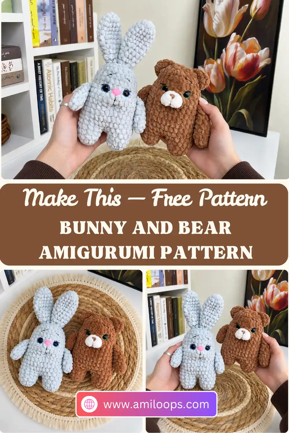 Close-up of handmade fuzzy light blue bunny and brown bear crochet toys held over a woven mat with a floral art backdrop.