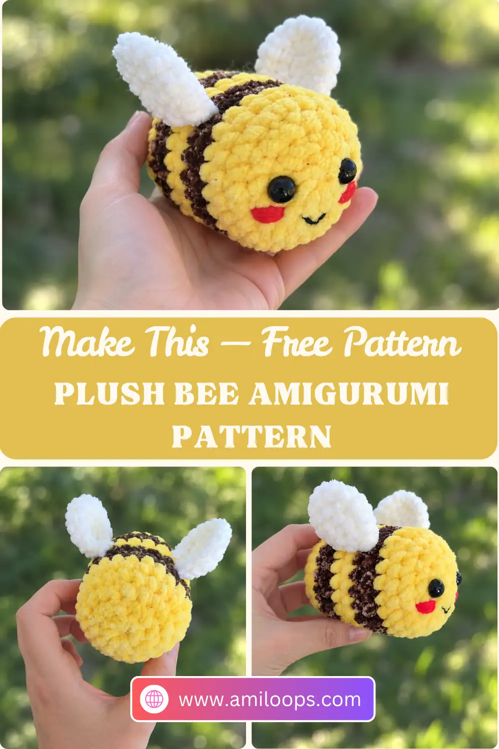 Close-up of a smiling fuzzy plush bee amigurumi with black eyes, red blush, and white wings held in an open hand outdoors.