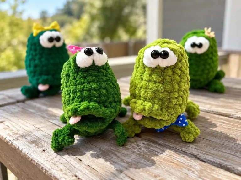 Four plush green crochet frog toys made with fuzzy yarn displayed on a wooden outdoor table with cute bows.