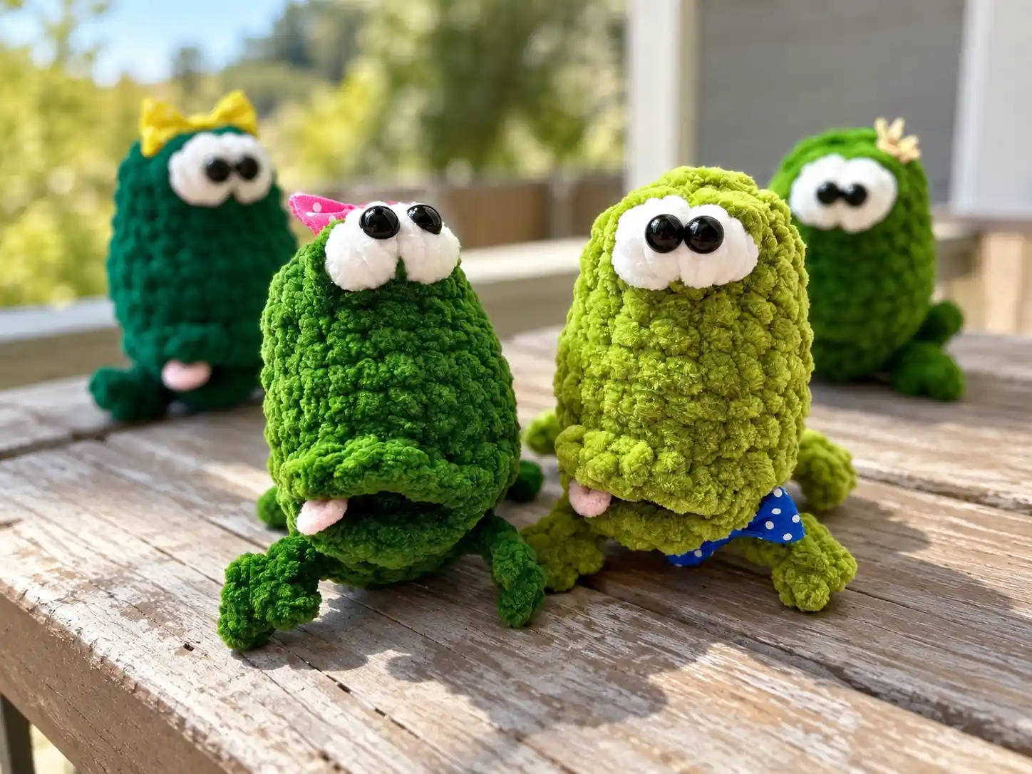 Four plush green crochet frog toys made with fuzzy yarn displayed on a wooden outdoor table with cute bows.