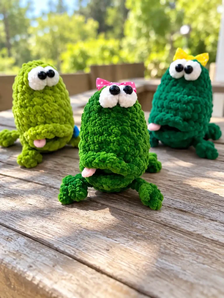 three plush green crochet frog toys with colorful bows displayed together on an outdoor wooden table.
