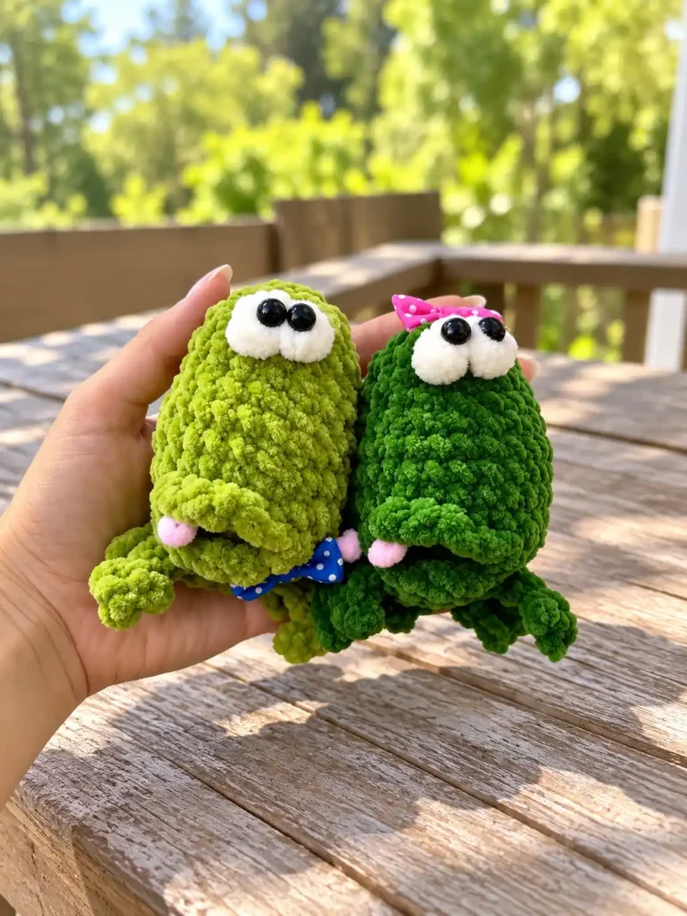 A hand holding two cute fuzzy green amigurumi crochet frogs together against a sunny outdoor background.
