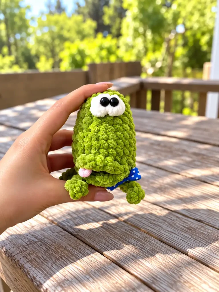 A single fuzzy green crochet frog toy with a blue polka dot bow displayed outdoors on a wooden table.