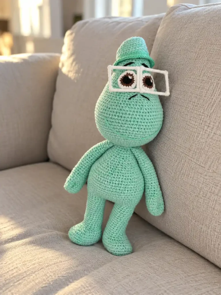 Mint green joe gardner amigurumi resting against a light beige fabric couch in warm indoor daylight