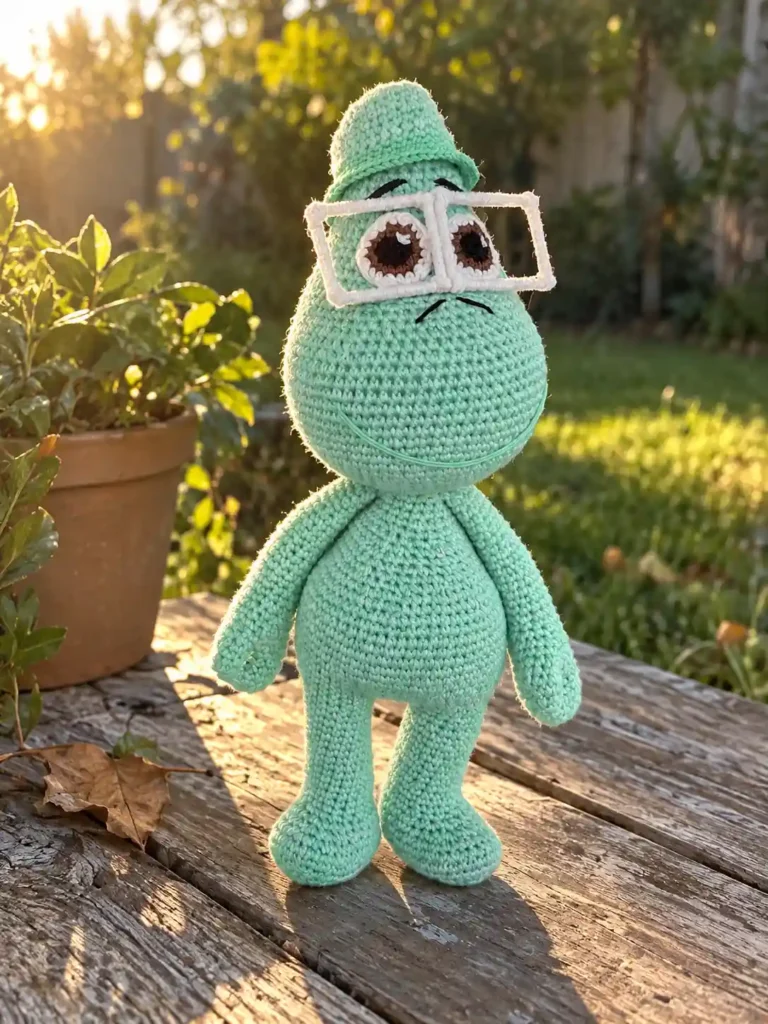 Mint green joe gardner amigurumi with glasses standing outdoors on a wooden bench beside a potted plant