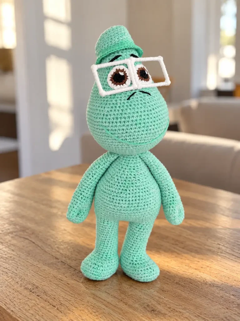 Mint green joe gardner amigurumi with white glasses standing on a wooden table in bright indoor sunlight