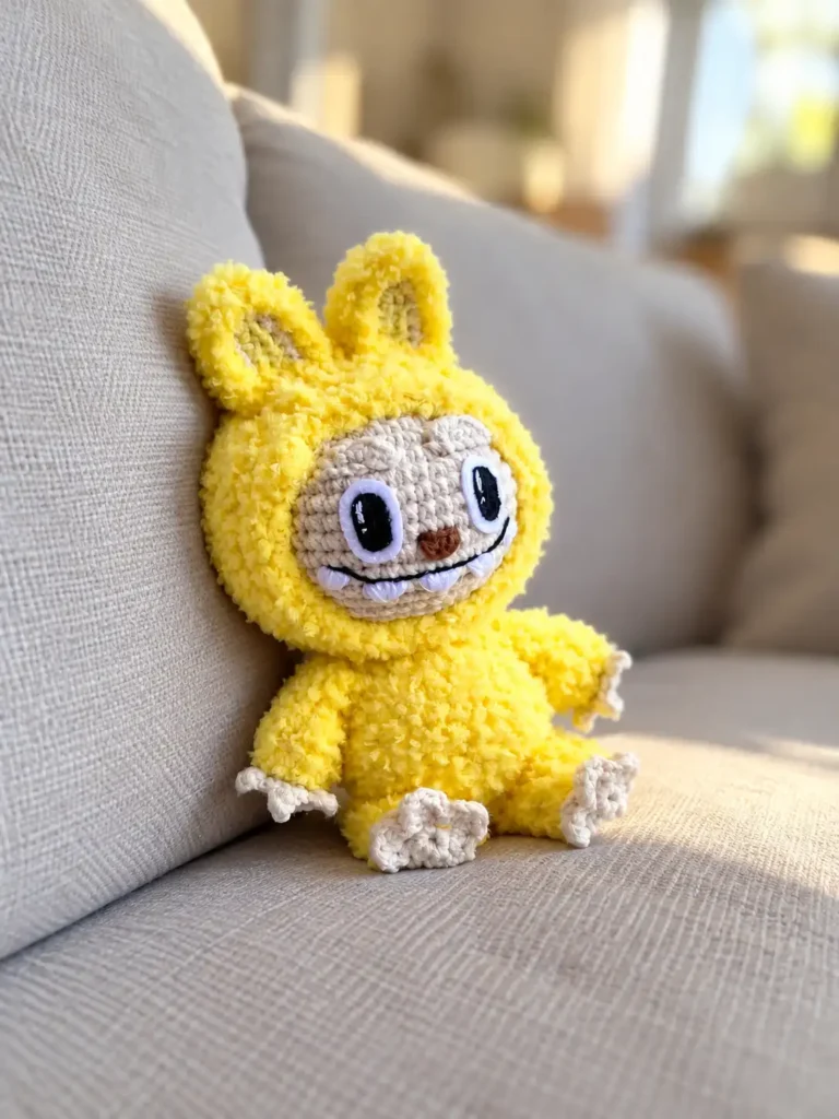 A yellow and beige amigurumi plush toy sitting on a beige fabric couch in soft indoor daylight.