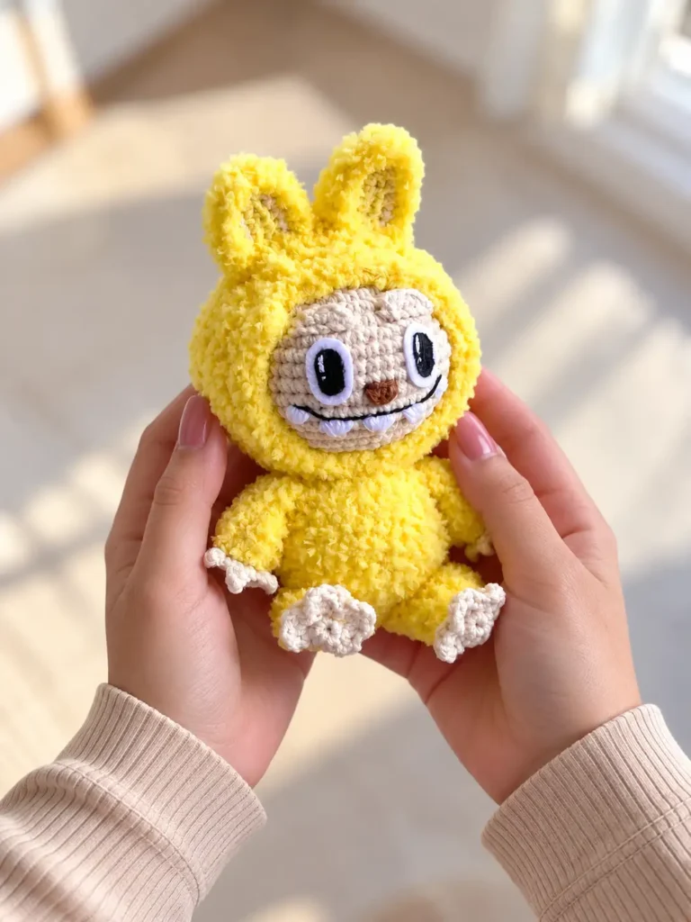 Two hands holding a textured yellow and beige amigurumi toy with cute teeth in soft window light.