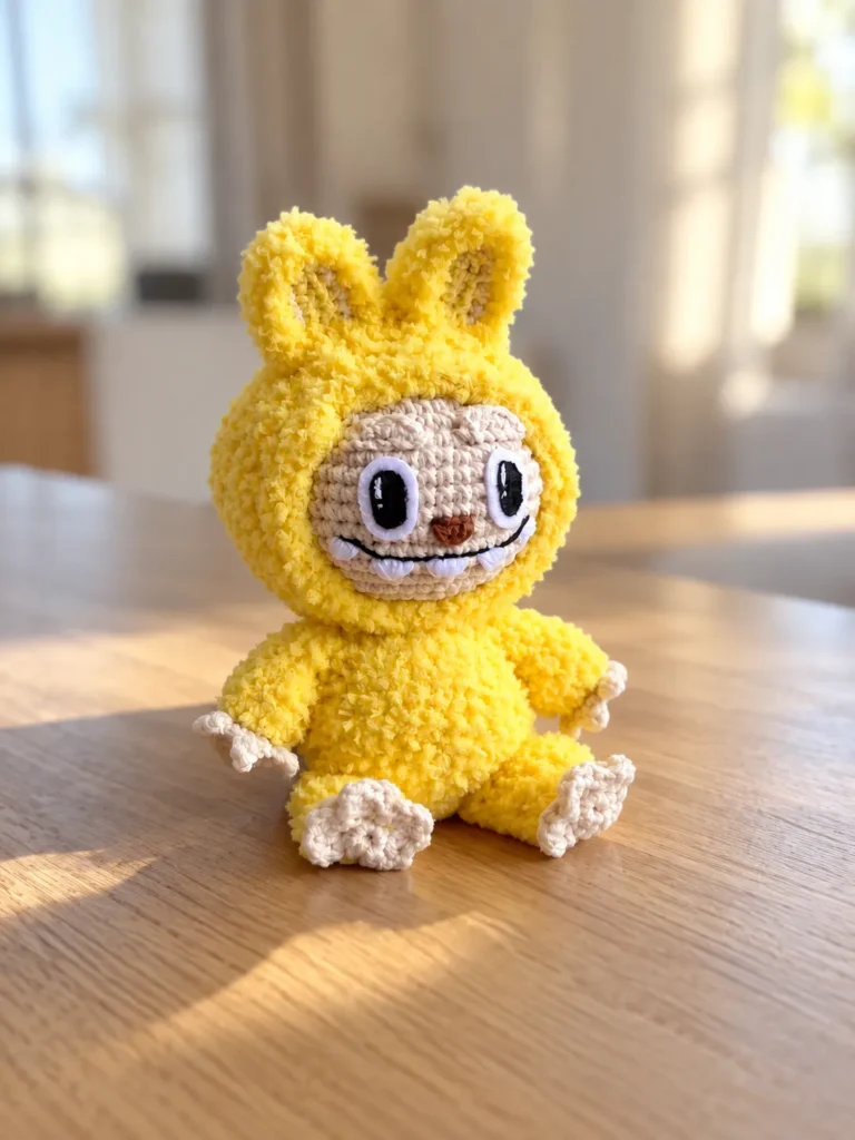 A fluffy yellow and beige amigurumi plush sitting on a wooden tabletop with soft background light.