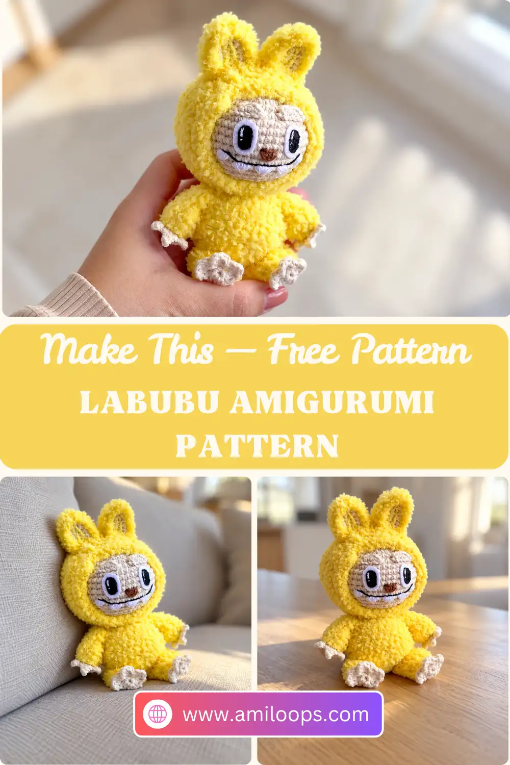 Close-up of two hands holding a textured yellow plush amigurumi toy in soft window light.