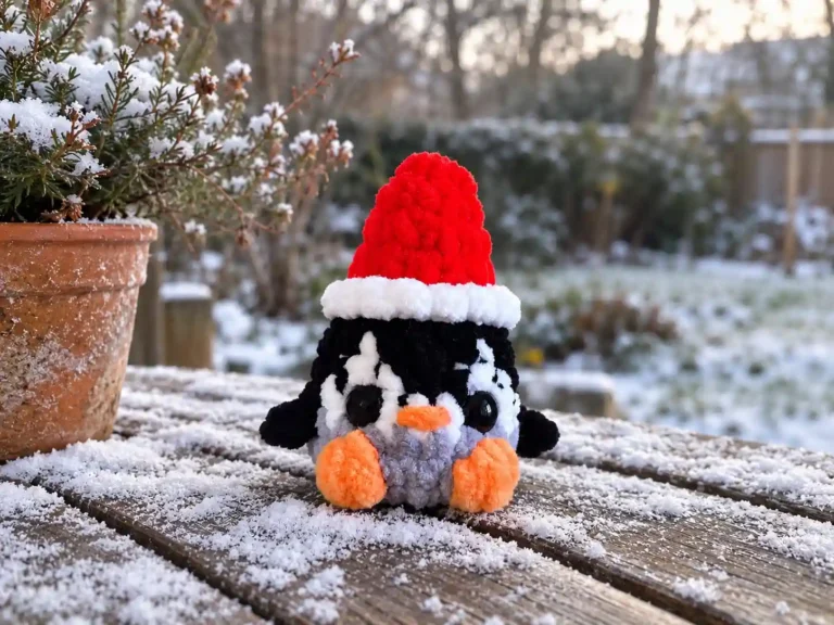 Black, white, and grey plush yarn penguin wearing a red and white Santa hat, sitting on a snowy wooden table.