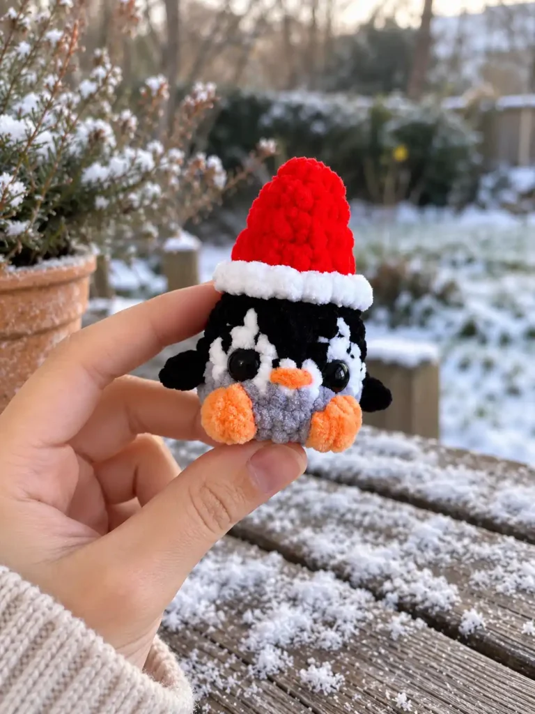 Hand in a beige sweater holding a small plush penguin wearing a red Santa hat against a snowy outdoor garden background.