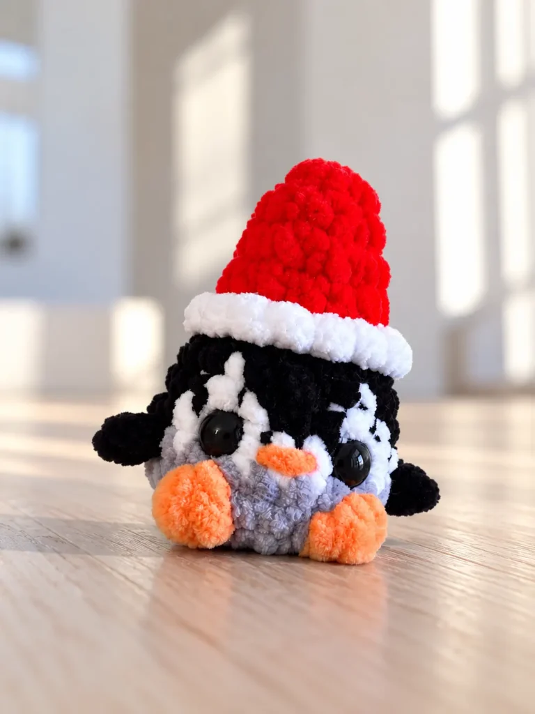 Black and white crochet penguin with a red and white Santa hat resting on a wooden floor near a sunlit window.