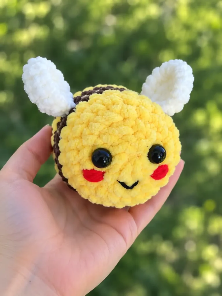 Close-up front view of the plush bee amigurumi featuring shiny black bead eyes, red cheeks, and an embroidered smile.