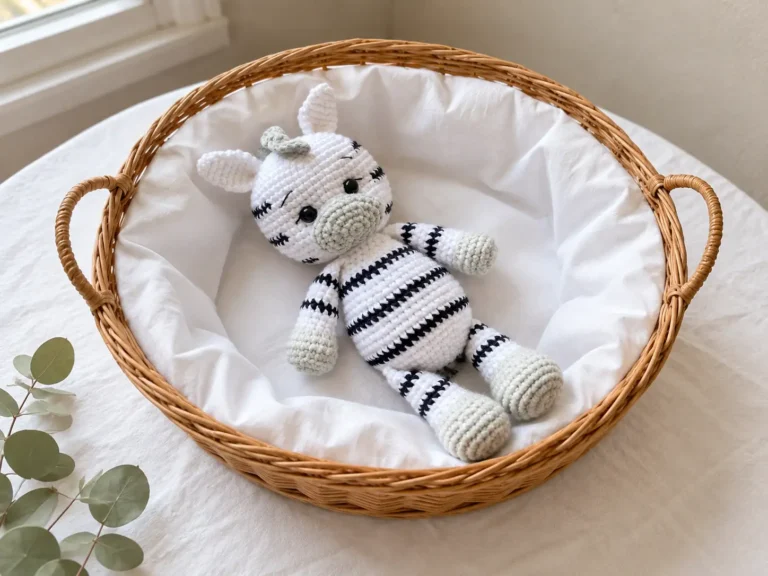 Handmade white and black striped zebra amigurumi toy resting in a round wicker basket lined with white fabric.