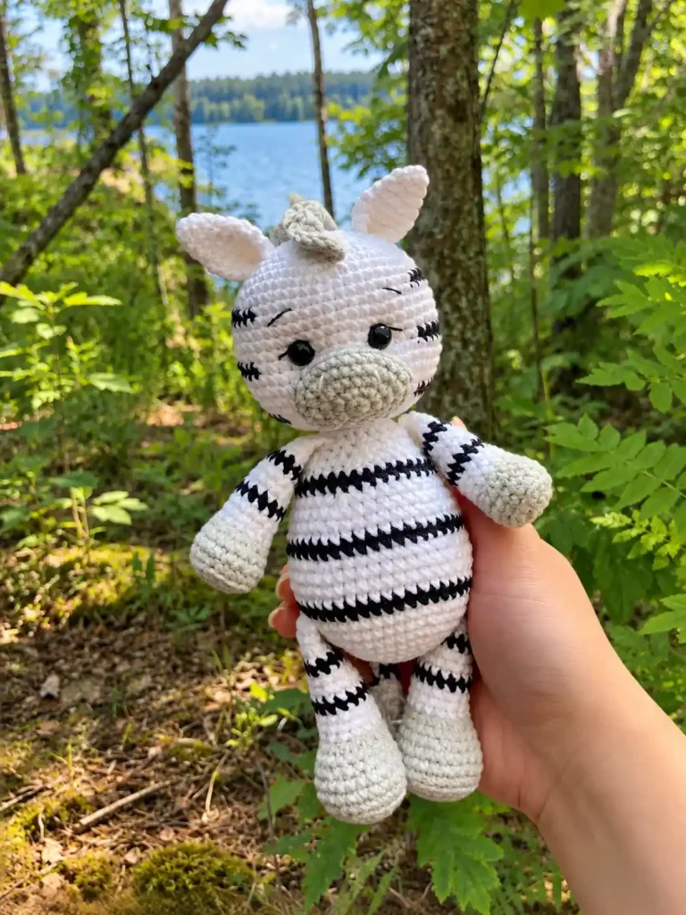 Handheld amigurumi zebra with black and white stripes and gray hooves held up in front of a sunlit forest and blue lake.