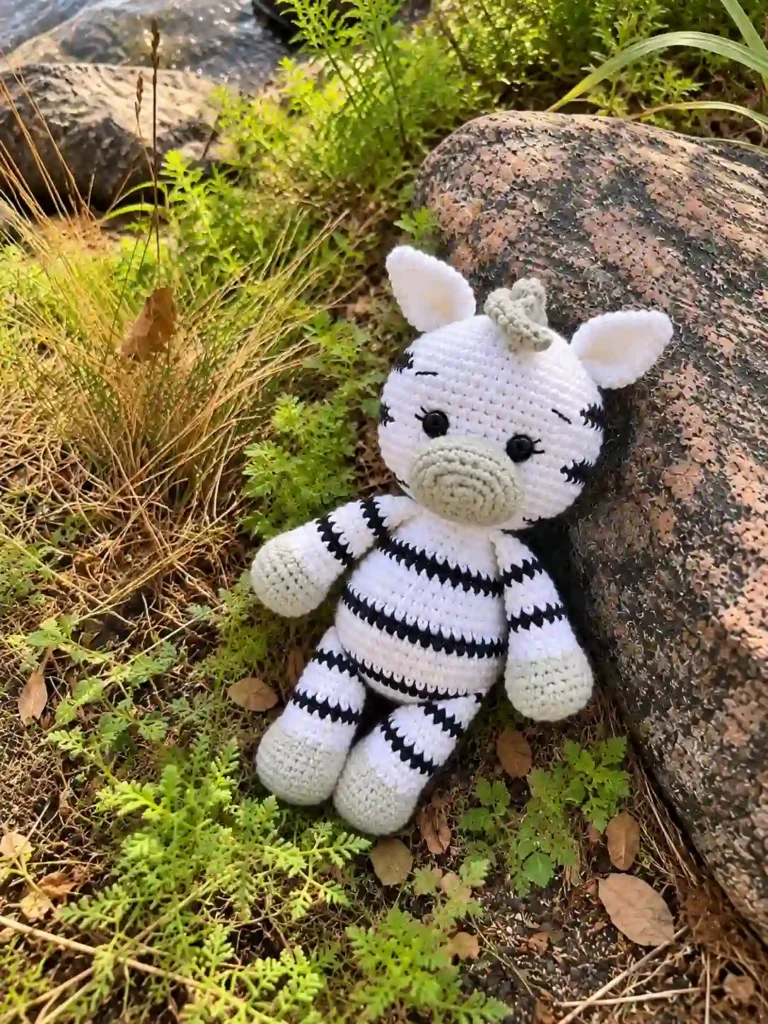 Handmade white and black striped zebra amigurumi toy resting on the ground next to a large rock and green grass near a lake.