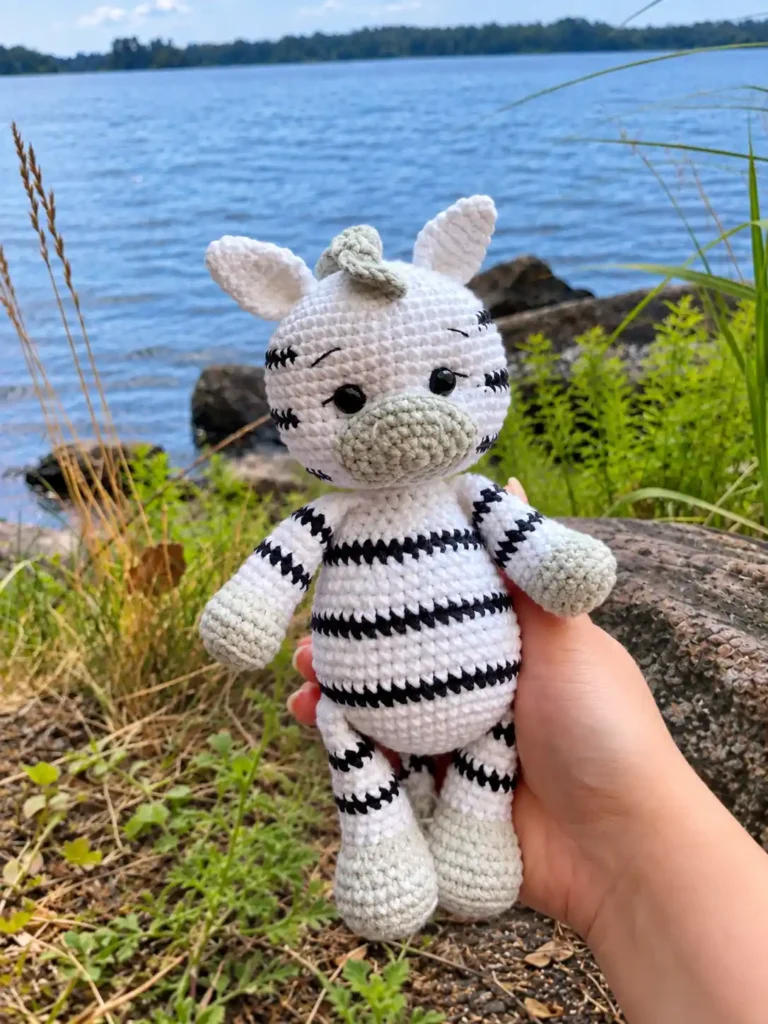 Hand-held crocheted white and black zebra toy with green details shown against a scenic background of a lake and forest.
